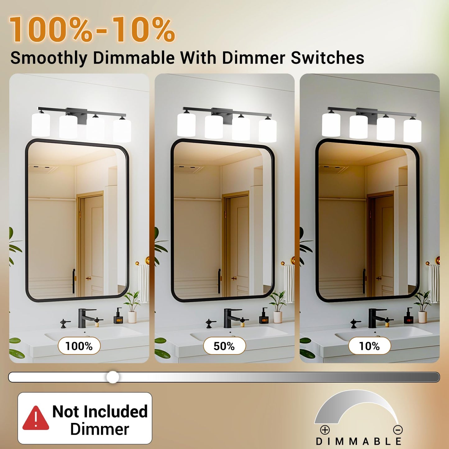 Quntis 4-Light LED Bathroom Vanity Light, Adjustable Colors, Metal, Black & Milky White, 28.3 inch