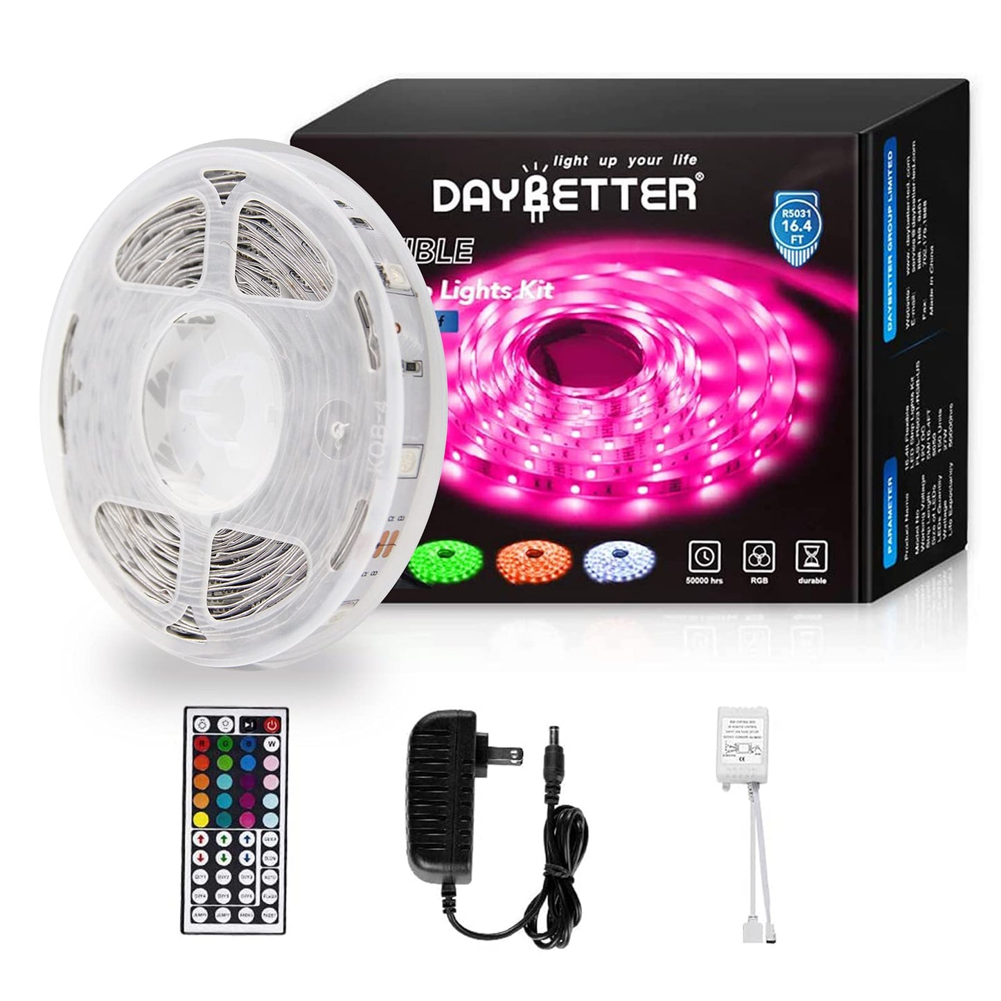 Daybetter Led Strip Lights 16.4Ft Multicolor With Remote Controller & Power Supply, Model Flsl-R5031-Rgb-Us, Plastic
