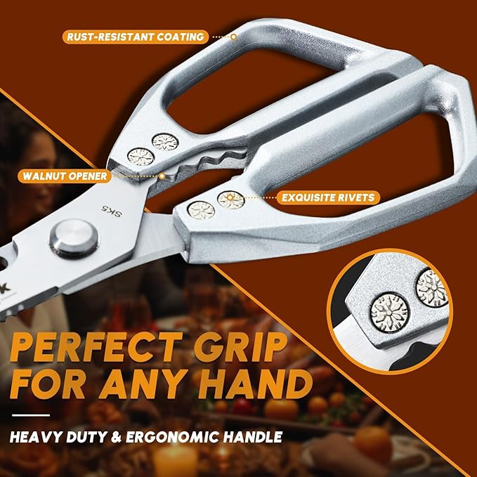 HUUSK Kitchen Scissors and Vegetable Peeler Set - Silver Stainless Steel Cooking Kitchen Shears for Food with Serrated Peeler, Heavy Duty Japanese Dishwasher Safe Meat Scissors, Christmas Gift for Men