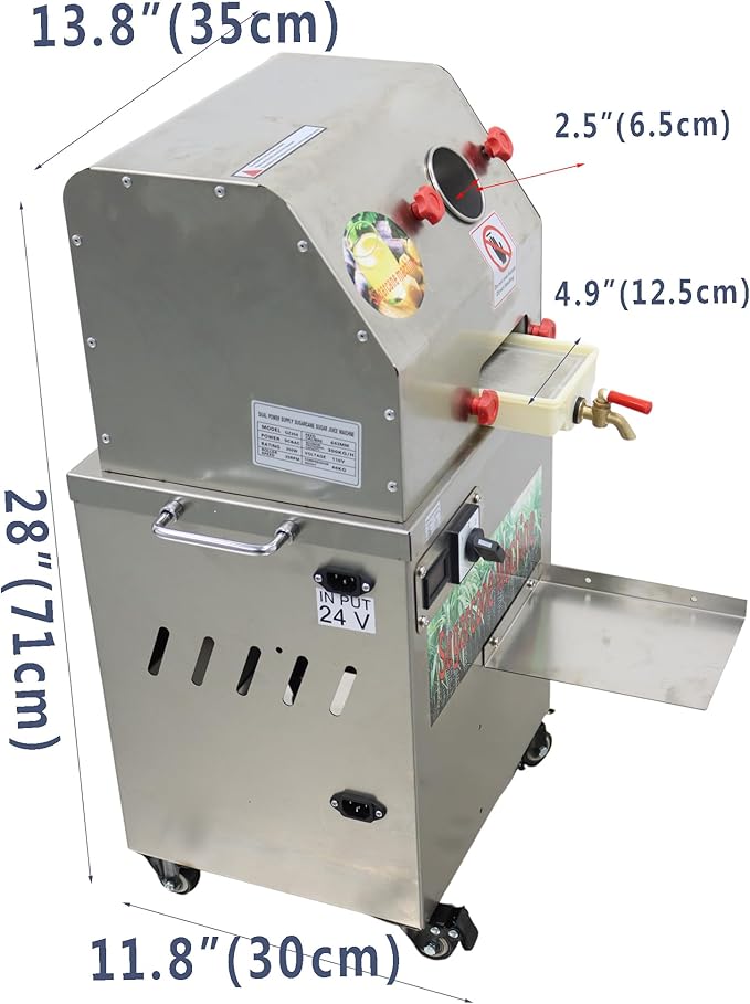 TECHTONGDA 24V DC or 110V AC Electric Sugar Cane Juicer Press Machine, Vertical Sugarcane Press, Stainless Steel Rollers Sugarcane Juice Extractor with Transformer and Wheels for Commercial Juicing
