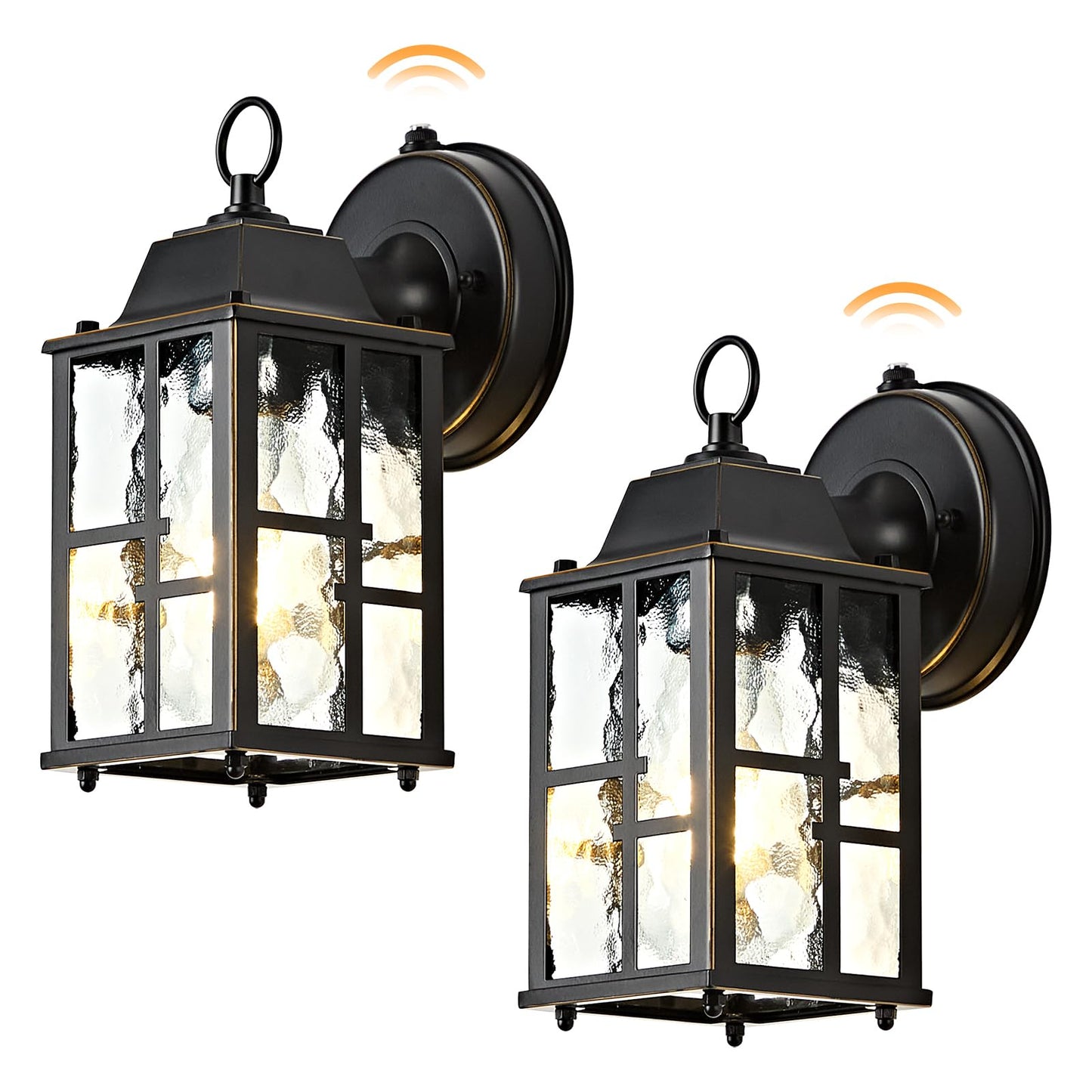 Okeli 2-Pack Dusk To Dawn Outdoor Wall Lights  Weatherproof Exterior Lighting Fixture Wall Mount  Aluminum Ripple Glass Porch Light  Anti-Rust Outside Wall Sconce For House  Garage(Black&Gold-Trim)