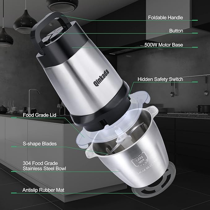 Food Processor, 500W Powerful Meat Grinder, 14Cup Stainless Steel Bowl, 3 Speed Modes 4 Bi-Level Blades for Onion, Meat, Nuts, Fruit, Garlic, Vegetable, Baby Food