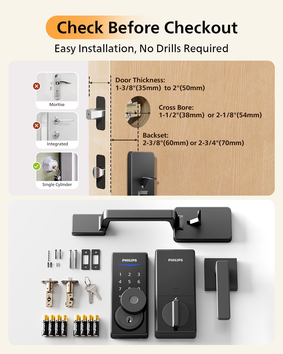 Philips WiFi Smart Lock + Door Handle Set, Built-in WiFi, APP Remote Control, Fingerprint & Voice Unlock, Smart Locks for Front Door, Digital Keypad Deadbolt with Handle Set, Keyless Entry, Auto Lock
