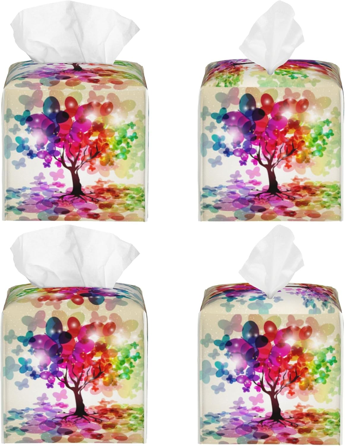 Colorful Tree Tissue Box Cover Leather Tissue Box Holder Square Facial Paper Organizer Dispenser for Bathroom Kitchen Bedroom Vanity Countertop Night Stands
