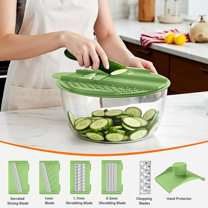 HomeHacks Salad Spinner Large Lettuce Spinner, Large Fruit Cleaner with Double Drainage Holes, 5 Chopping Blades, High Efficiency for Kitchen Washing & Drying Leafy Vegetables, Easy Press (Green)