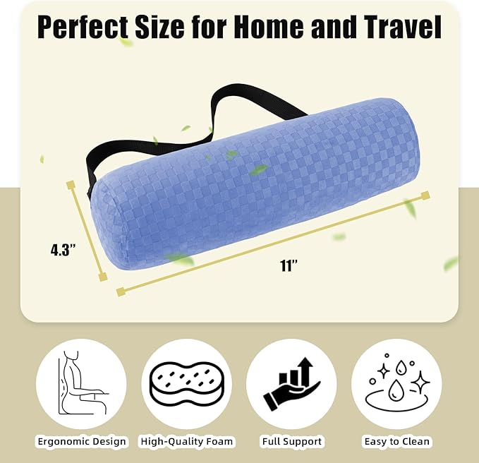 Lumbar Roll Pillow for Lower Back, Lumbar Support Foam Roll Cushion with Pillowcase and Upgraded Strap for Office, Chair, Car, Seat Pain Relief & Improving Posture (Light Blue, Short-11*4.3'')