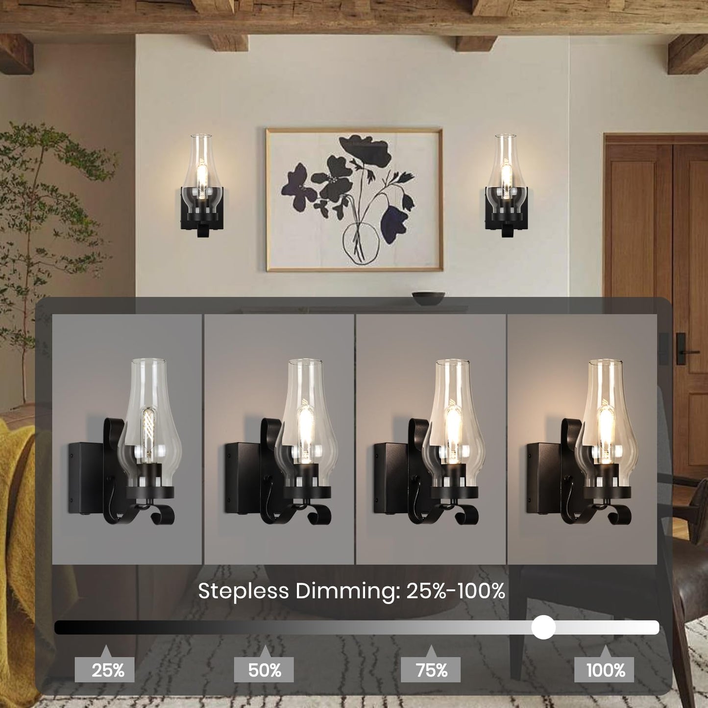 EIDEARAY Battery Operated Wall Sconces, Rustic Antique Kerosene Lamps, 2-Pack, Metal, Black, Model WL-CTGD-D2