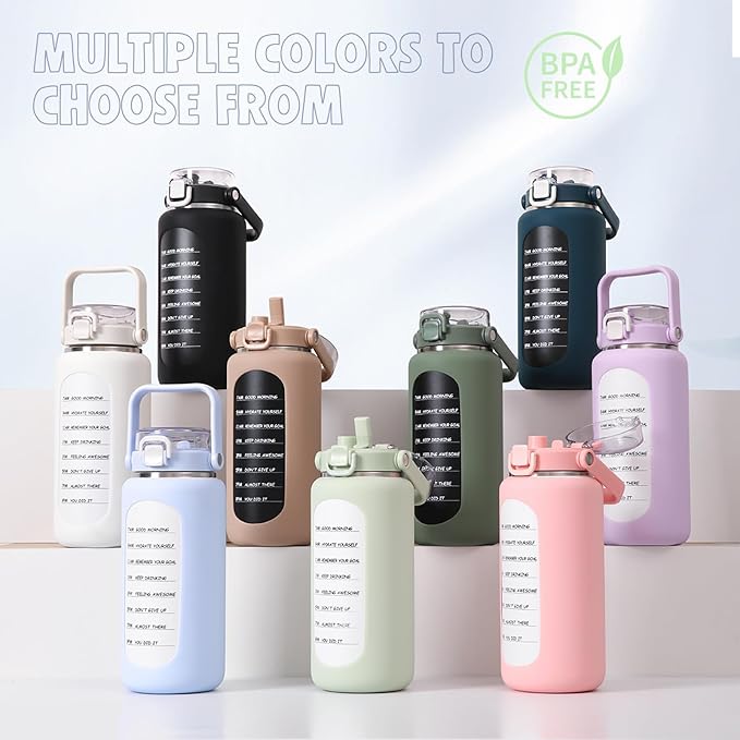 BLUEGO 64oz Insulated Water Bottle with Straw and Handle Leakproof Half Gallon Wide Mouth Motivational Water Bottle, 2-IN-1 Straw Spout Lid Stainless Steel Water Jug for Sport Travel Gym-Pink