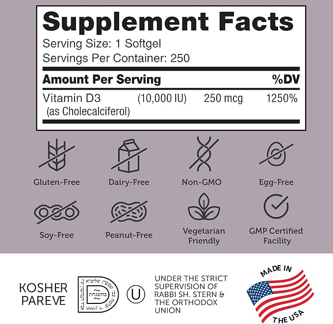 Zahler - Advanced Vitamin D3 10,000 IU Softgels (250 Count) Kosher Vegetarian Friendly Vitamin D for Immune Support, Bone, Teeth & Muscle Health - Easy Swallow VIT D 3