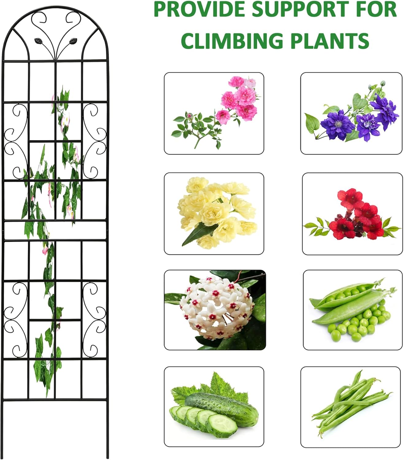 4 Pack Metal Garden Trellis for Climbing Plants, 86.7" Tall Rustproof Outdoor Trellis Panel with Vine Lines Design, Decorative Black Iron Plant Support for Vine, Rose, Flower, Garden Wall