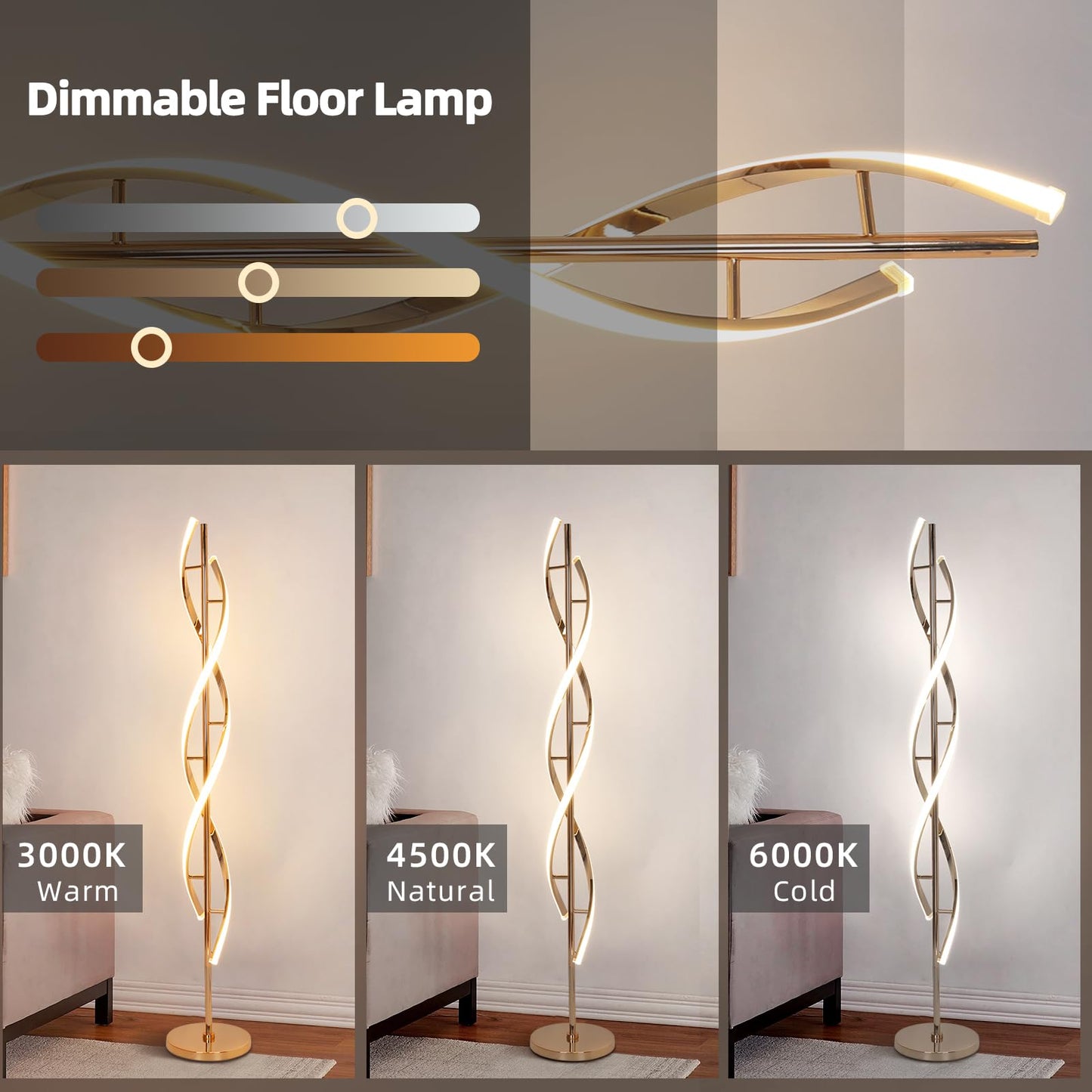 Eidearay Led Modern Floor Lamp, 40W Dimmable, Color-Changing, 60 Spiral Design, Gold, Model Ldd-G1
