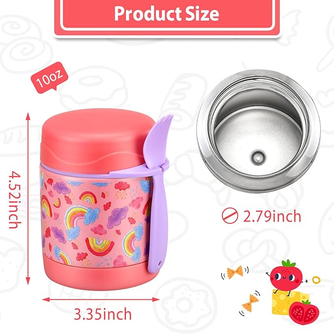 10oz Soup Thermo for Hot Food Kids,Lunch Kids Jar with Spoon Insulated Containers,Leak Proof Stainless Steel Wide Mouth Lunch School(Pink-Rainbow), (thermos-CH)