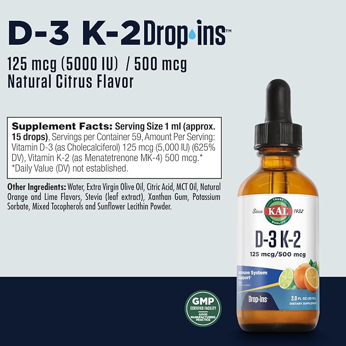 KAL D3 K2 DropIns 125 mcg / 500 mcg Liquid Vitamin D3 K2 Drops, Bone Health, Heart Health and Immune Support Supplement, Natural Citrus Flavor, 60-Day Money Back Guarantee, Approx. 59 Serv, 2 FL OZ