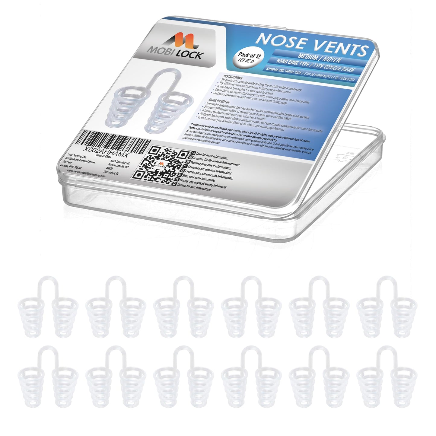 Nose Vent Sinus Relief Dilator (Pack of 12 Medium Size) Hard Cone Vents - A Simple Solution for Nasal Snorers - Reusable Snoring Device to enjoy a peaceful night's sleep - by Mobi Lock