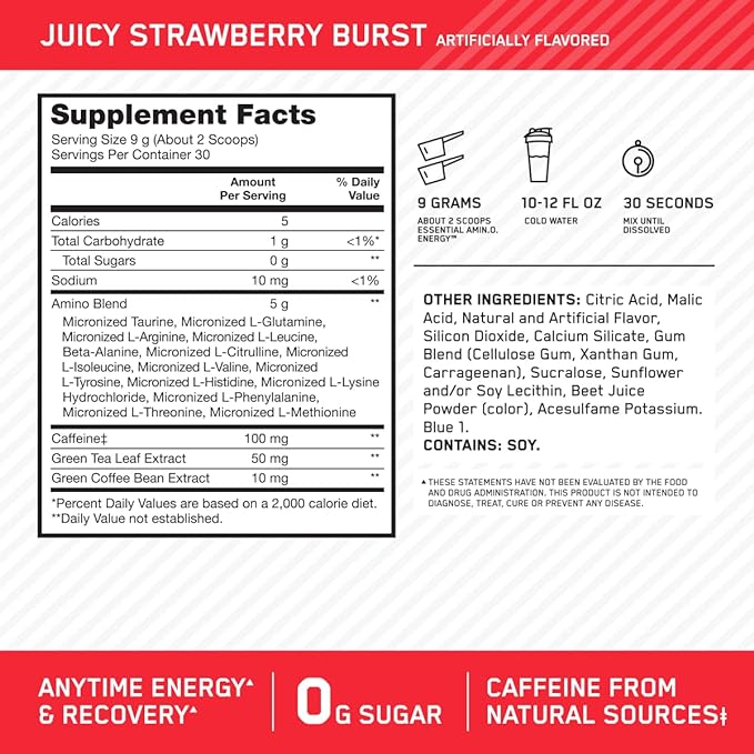 Optimum Nutrition Amino Energy - Pre Workout with Green Tea, BCAA, Amino Acids, Keto Friendly, Green Coffee Extract, Energy Powder - Juicy Strawberry Burst, 30 Servings (Packaging May Vary)
