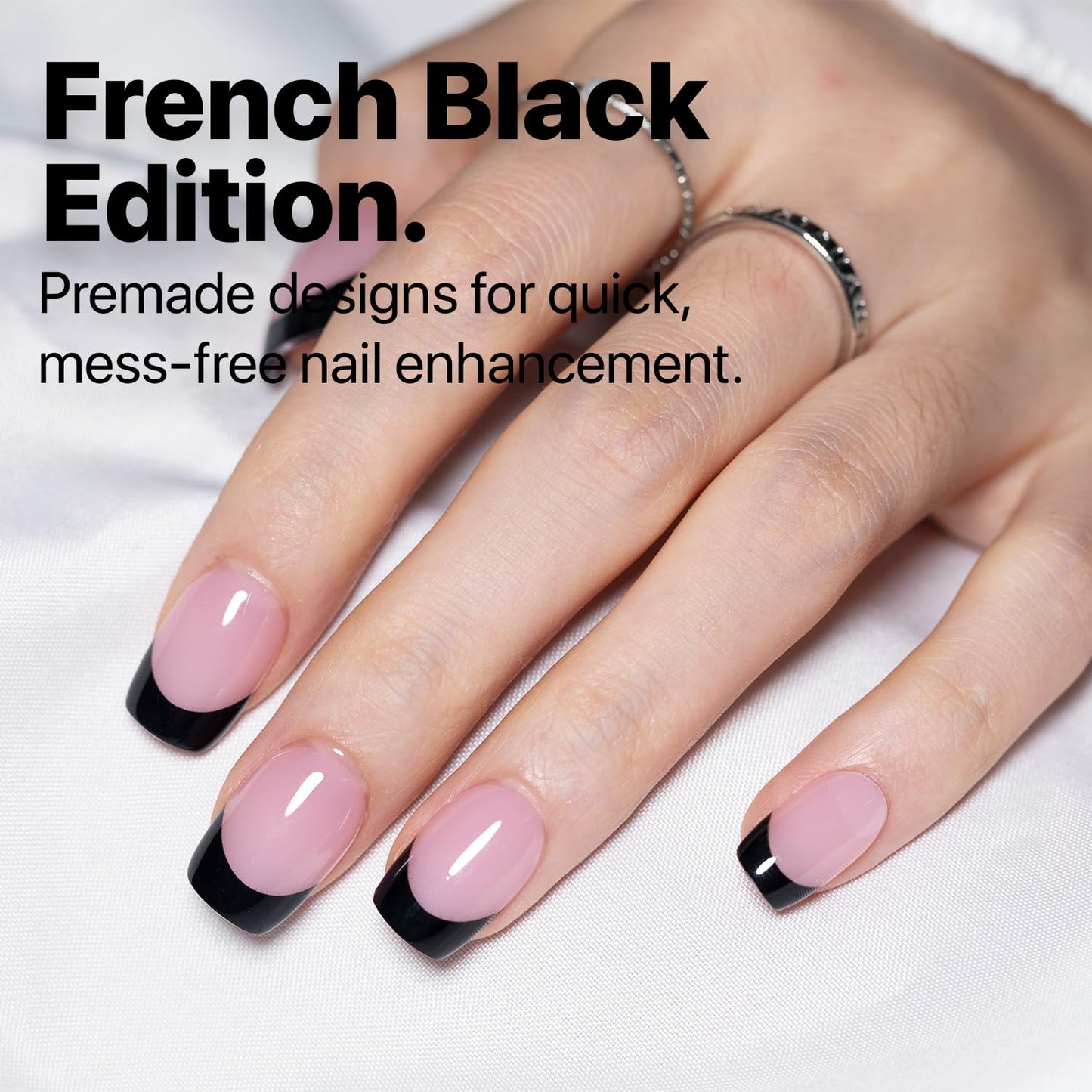 SXC Cosmetics French Tip Press On Nails - Black Series, Extra Short Square, X-Pro Tips Starter Kit | 150PCS, 15 Sizes, 5 Styles,