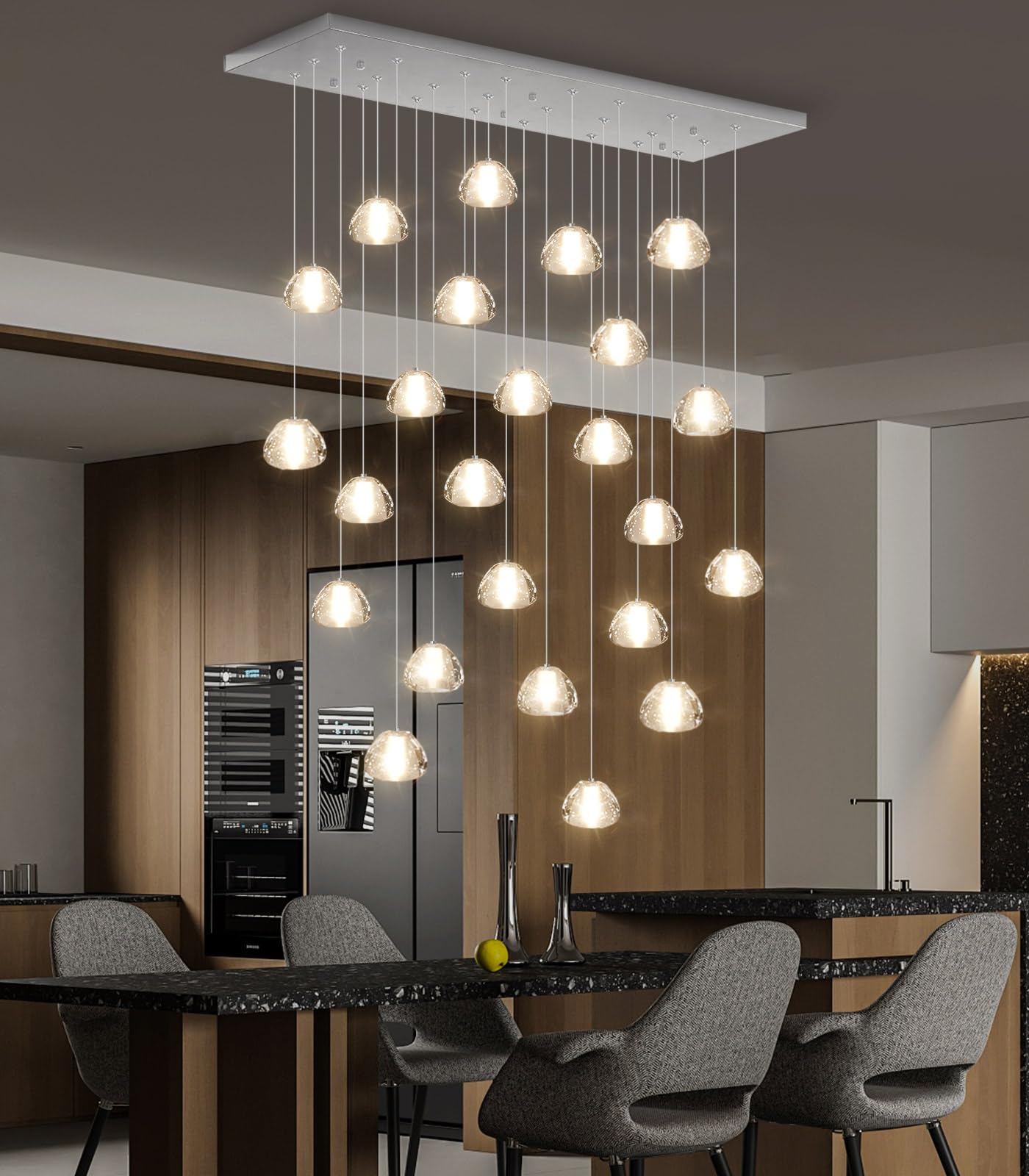 Dolria 24-Lights Modern Rectangular Crystal Chandelier Led Raindrop Ceiling Pendant Light Crystal Lighting Fixture For Living Room Hotel Staircase Hallway Foyer Entryway Bedroom Silver