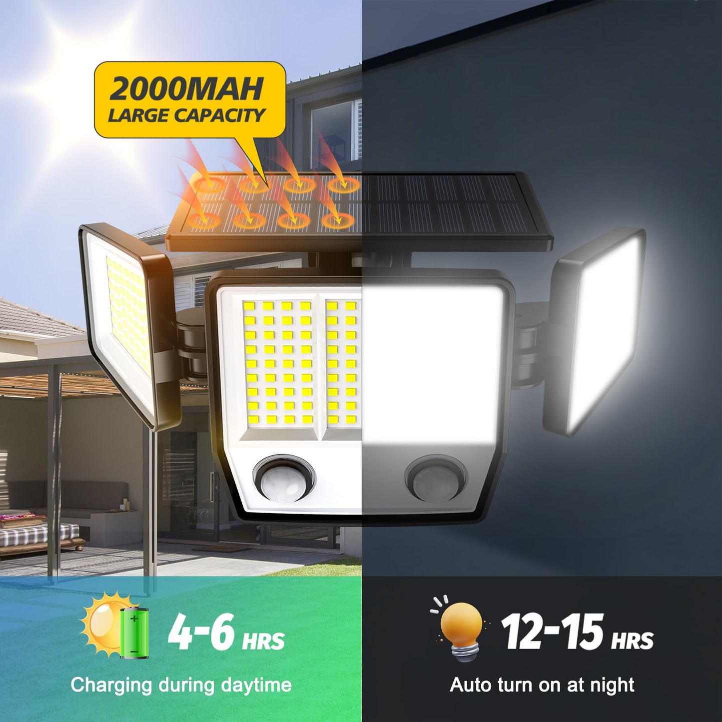Amiluo Solar Outdoor Lights, 6500K, 3000LM, 3 Heads, IP67 Waterproof, 2 Pack, White, Model AXWSWL04-003