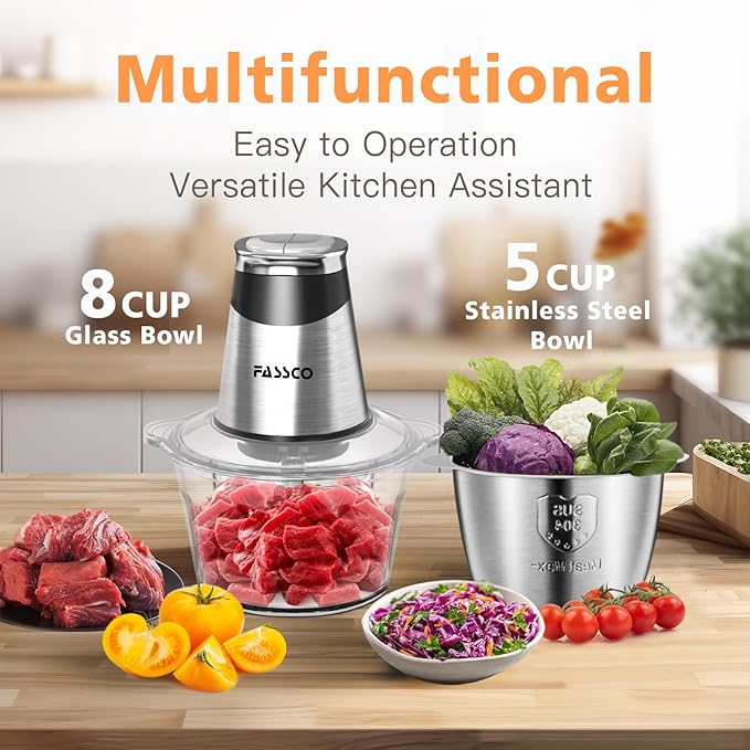 Food Processors, Electric food Chopper, Meat Grinder with 2 Bowls (8 Cup+5 Cup),400W Copper Motor - 3 Bi-Level Blades for Meat,Vegetables,Onion, Garlic, Salad, Baby Food, Nuts, Ice Cube
