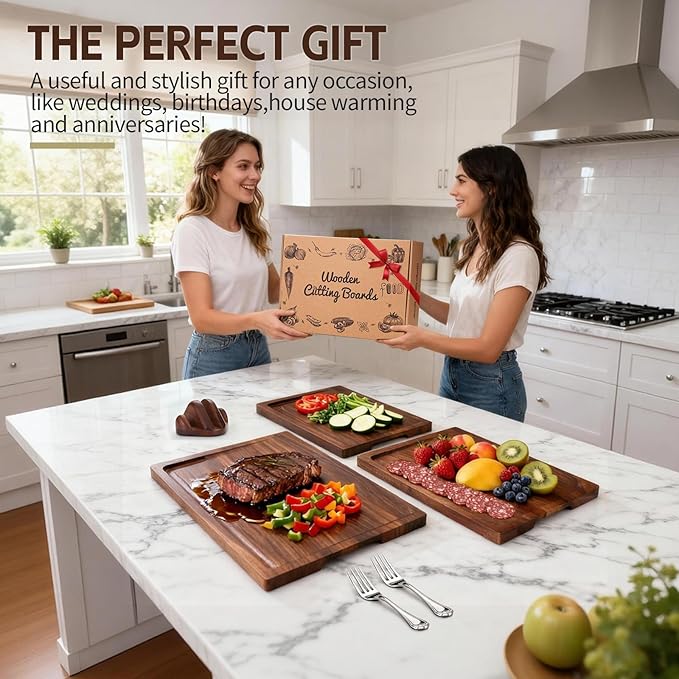 Walnut Wood Cutting Boards for Kitchen, 3 PCS Wooden Cutting Board Set with Holder Large to Small, Chopping Board Set with Deep Juice Grooves, Non Toxic Serving Tray, Perfect Mother's Day Gifts
