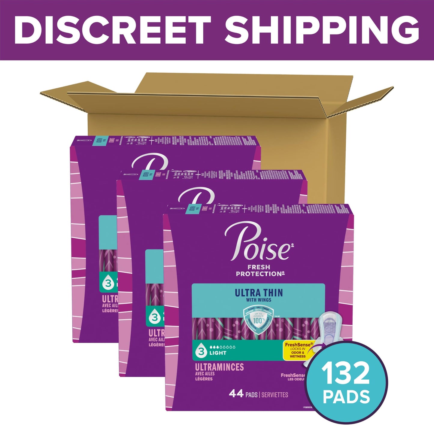 Poise Ultra Thin Incontinence & Postpartum Pads with Wings for Bladder Leaks, 3 Drop Light Absorbency, Regular Length, 132 Count, Packaging May Vary