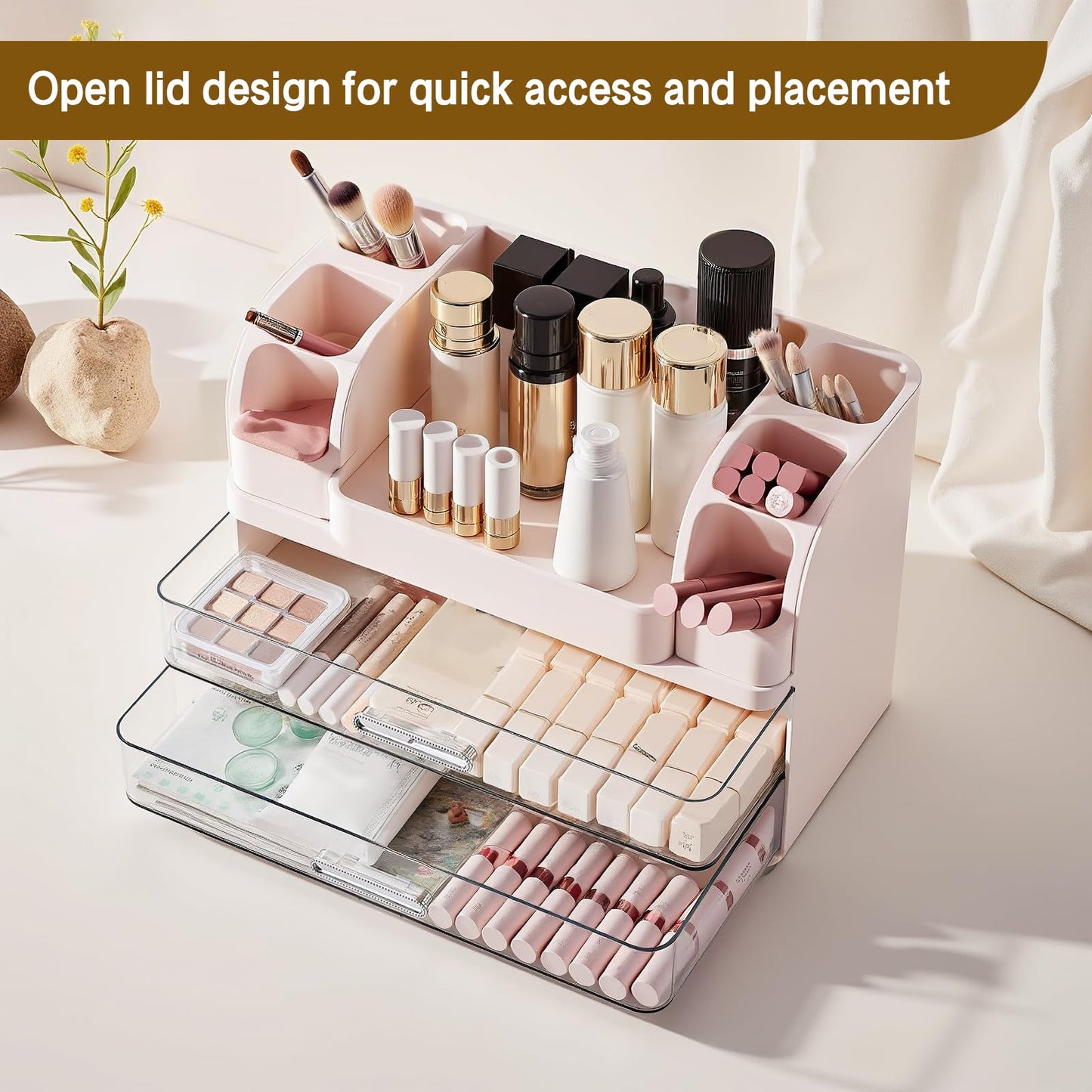 Makeup Organizer for Vanity Countertop with 2 Large Drawers, Spacious Display Cabinet, Partitioned Top Compartment 6 Brush Holde