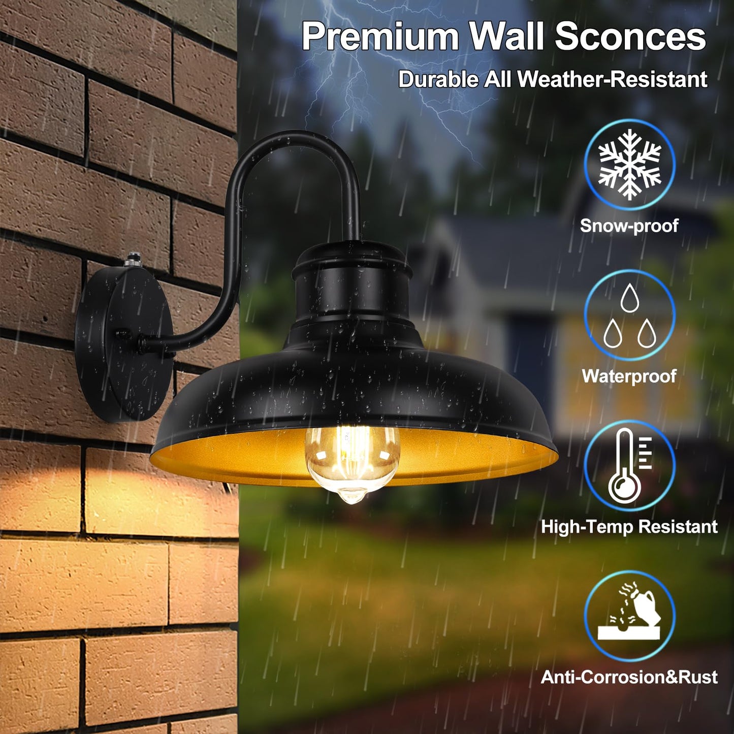 TOBUSA 2-Pack Outdoor Wall Light Fixtures, Waterproof Metal Gooseneck Barn Lights, 11.5in  Black & Golden, Model B11023PP