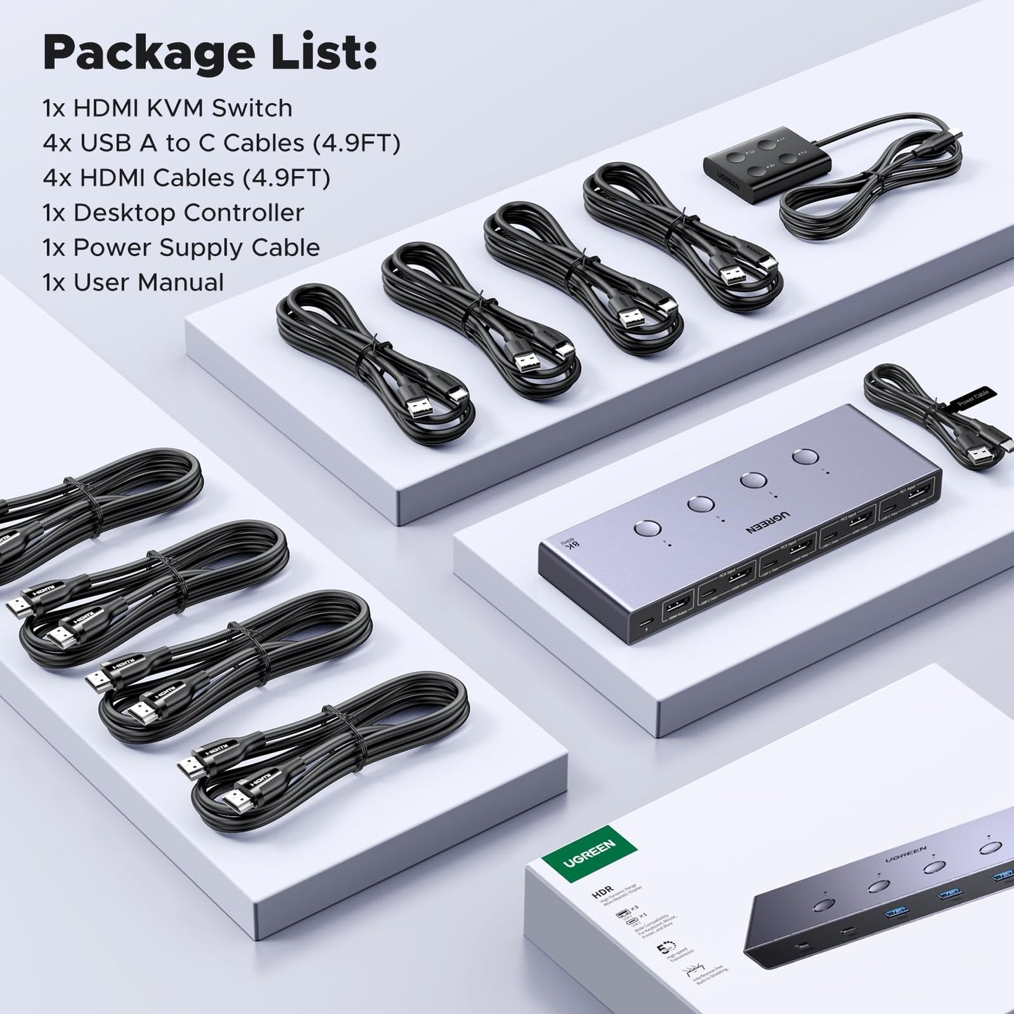 UGREEN 8K@60Hz HDMI KVM Switch 4 Computers with 4 USB 3.0 Ports Aluminum KVM Switches Share One Monitor Keyboard Mouse Hard Drives Printer with 4 HDMI Cables, 4 USB Cables and Desktop Controller