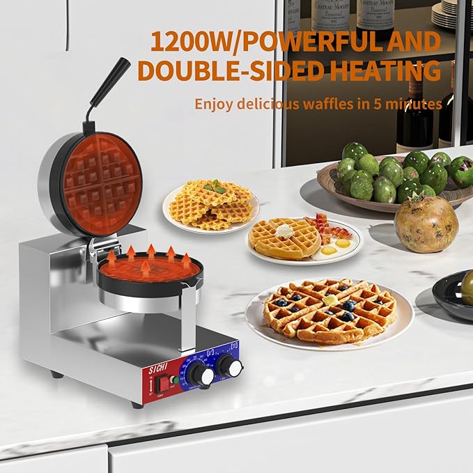 Commercial Waffle Maker - Belgian Waffle Maker w/Non-stick Baking Pan and 550℉ Heating, 1200W Rotating Waffle Iron for 1.2" Thick, Stainless Steel Round Waffle Machine for Restaurant