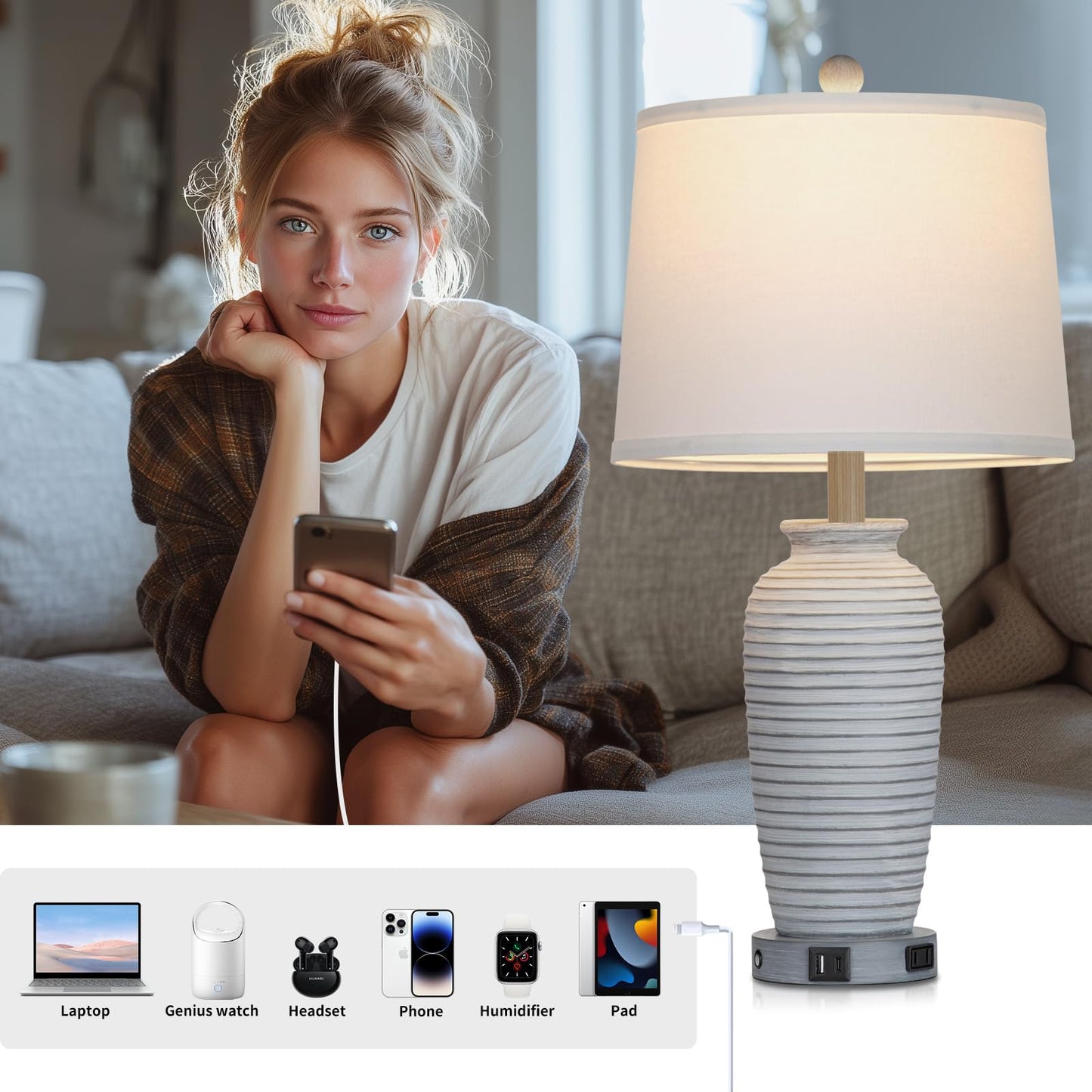 CINSARY 25in Vintage Farmhouse Jar Table Lamp with USB Ports & AC Outlet, Grey White, Resin, Model TD-CS-315-1PK