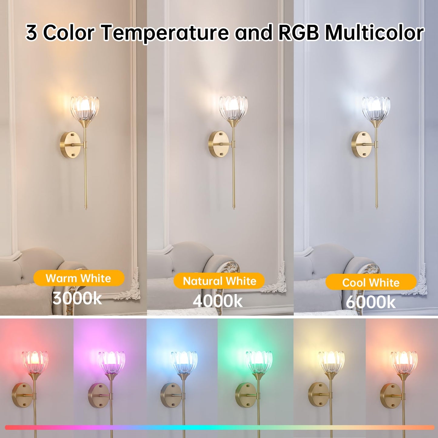 Shenmoyl Battery Operated Wall Sconce Set of 2, Clear Tulip Glass Light Fixture, Rechargeable 5000mAh, Remote Control, Sceptre Brass