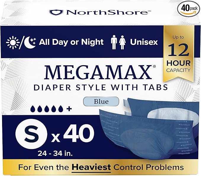 NorthShore MegaMax Adult Overnight Diapers, 12-Hour Tab-Style, Small, 40 Count Case, Blue, 24-34 inches, Unisex Incontinence Underwear