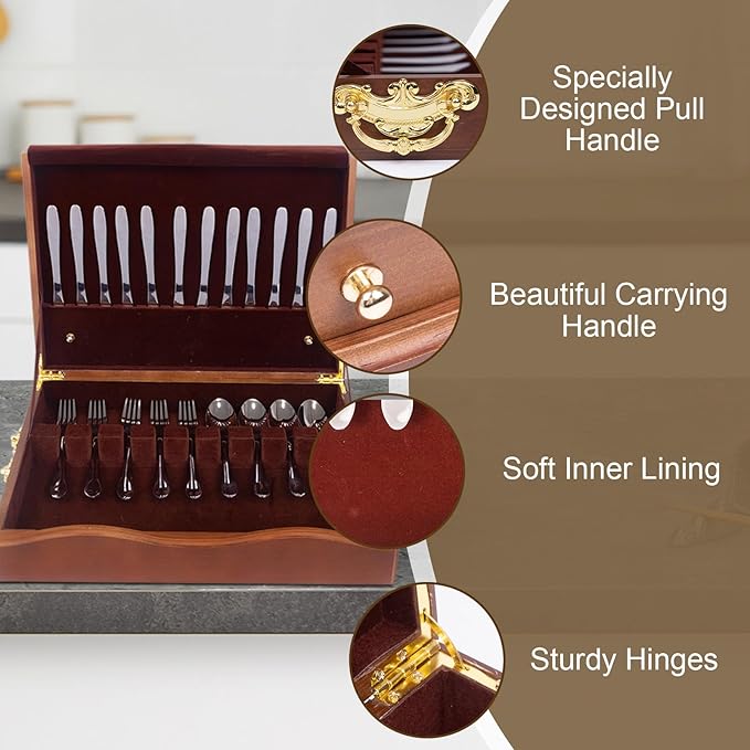 Silverware Storage Box,1 Layer Wooden Silverware Chest with Drawer,Silverware Case with Handle and Felt Lined,15.35" x 11.41" Flatware and Utensil Organizer for Kitchen,Black(Flatware Not Included)