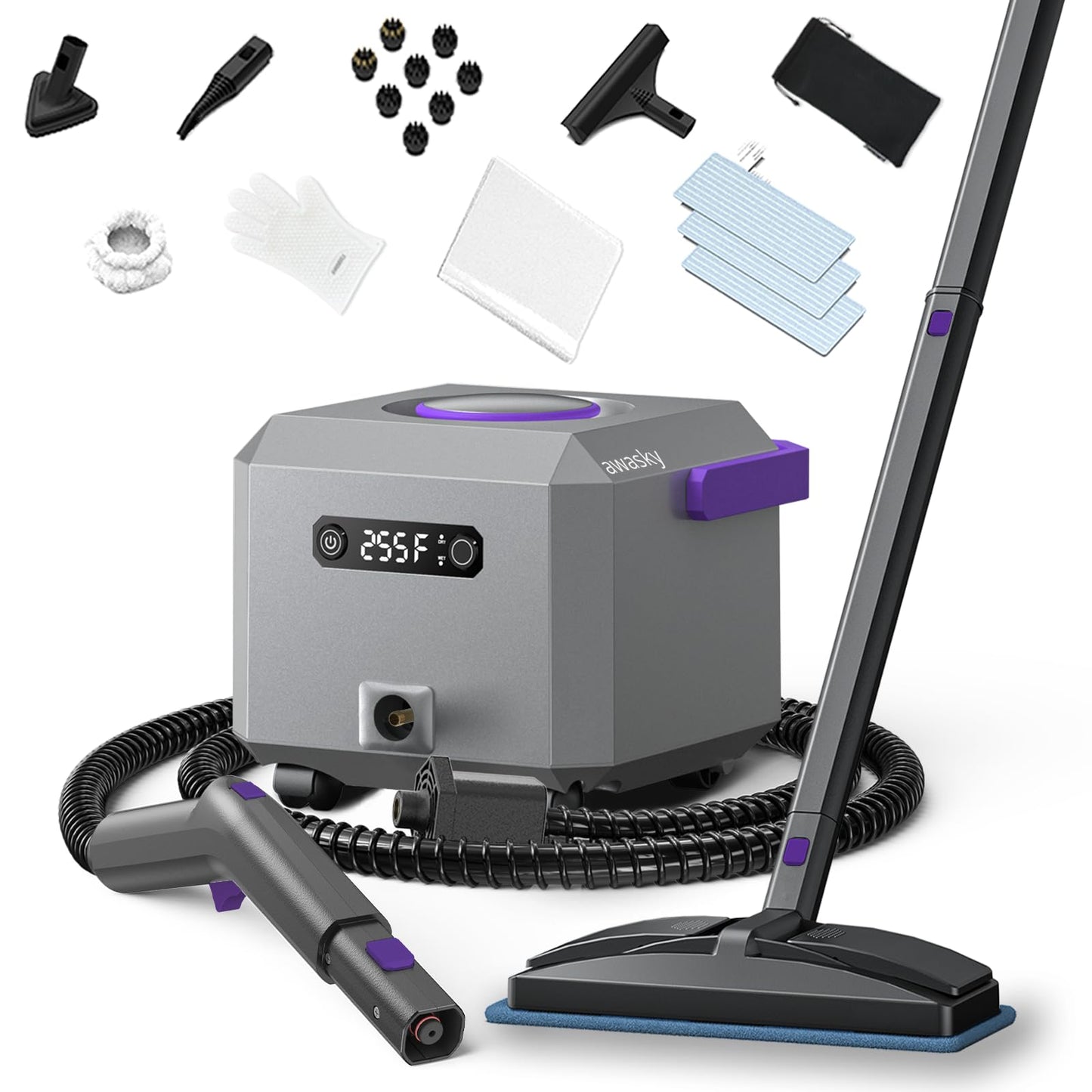 awasky Steam Cleaner 1650W, 50-Sec Heat-Up, 21-Piece Kit, Detachable Hose, Black, Model GB-160STEAM, Ideal for Home & Car