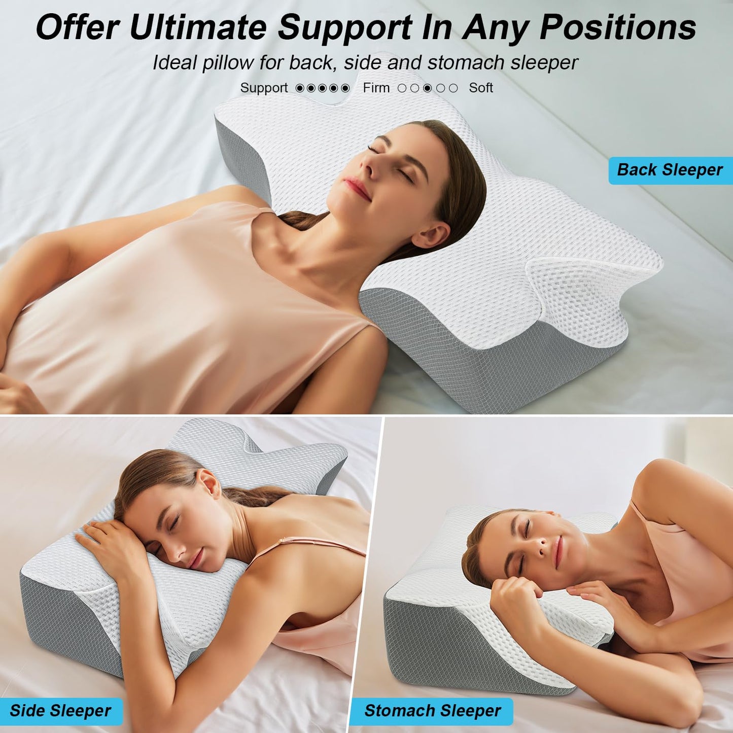 Anvo Pillow for Neck and Shoulder Pain, Cervical Pillows for Neck Pain Relief, Memory Foam Pillows Orthopedic Ergonomic Design for Sleeping, Suitable for Side Back and Stomach Sleeper, Grey Frim