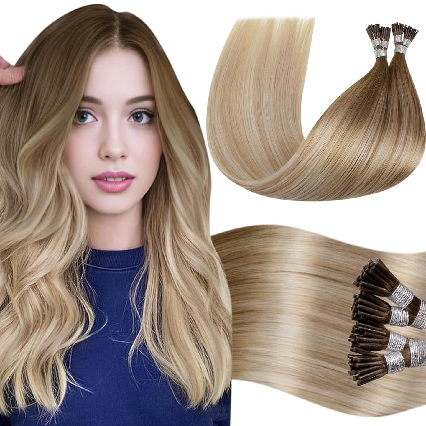 LaaVoo I Tip Hair Extensions Human Hair Balayage Brown to Ash Blonde with Platinum Blonde Itip Hair Extensions Fusion 50g 50s 22