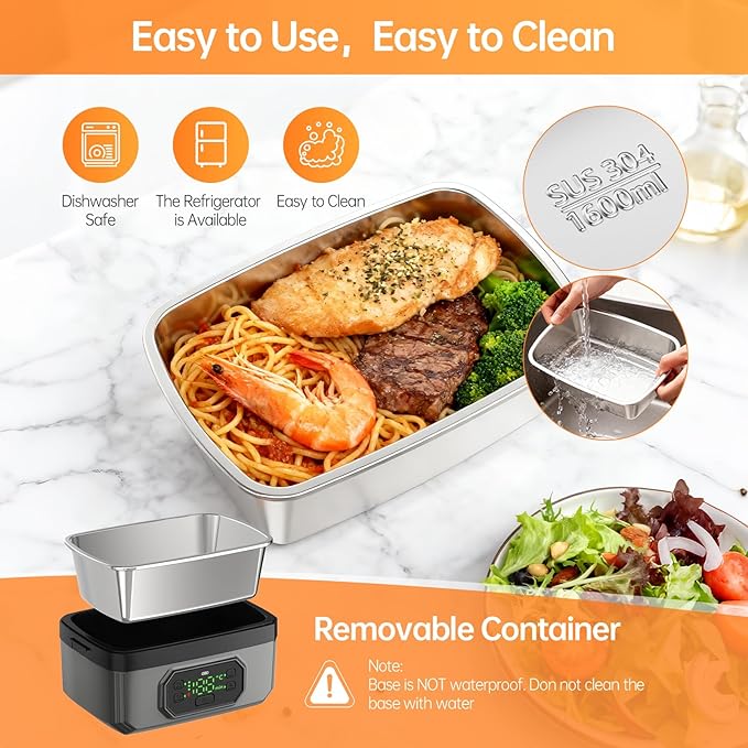 2025 Upgraded Model: 24000mAh Rechargeable Cordless Electric Lunch Box for Adults, 1.6L Food Warmer with Timer & Leak-Proof, Portable Self-Heating Container for Office, Car, Travel, Outdoor