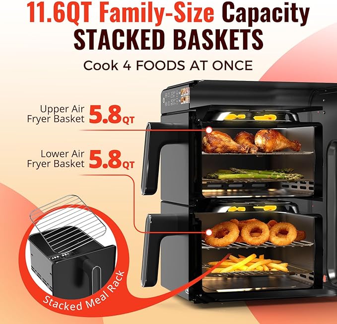 11.6QT Dual Basket Air Fryer Oven, Vertical 2-Basket Design, 6-in-1 Presets Function with Digital Touchscreen, Sync & Match, Easy to Clean, Dishwasher Safe, Family Meals