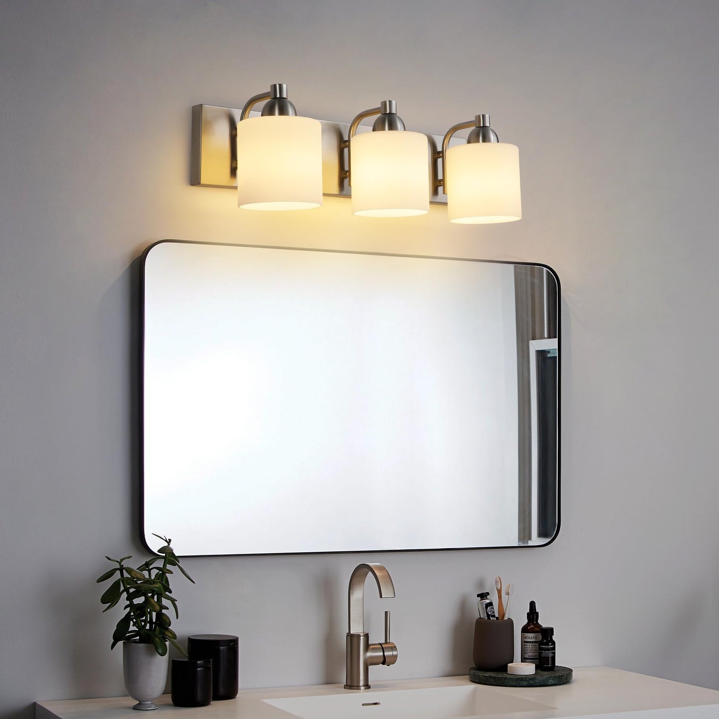 Mecgirn Stainless Steel Milk Glass Bathroom Vanity Light Over Mirror  3 Light Brushed Nickel Bathroom Light Fixtures With Frosted Glass  Modern Vanity Lighting Wall Mount