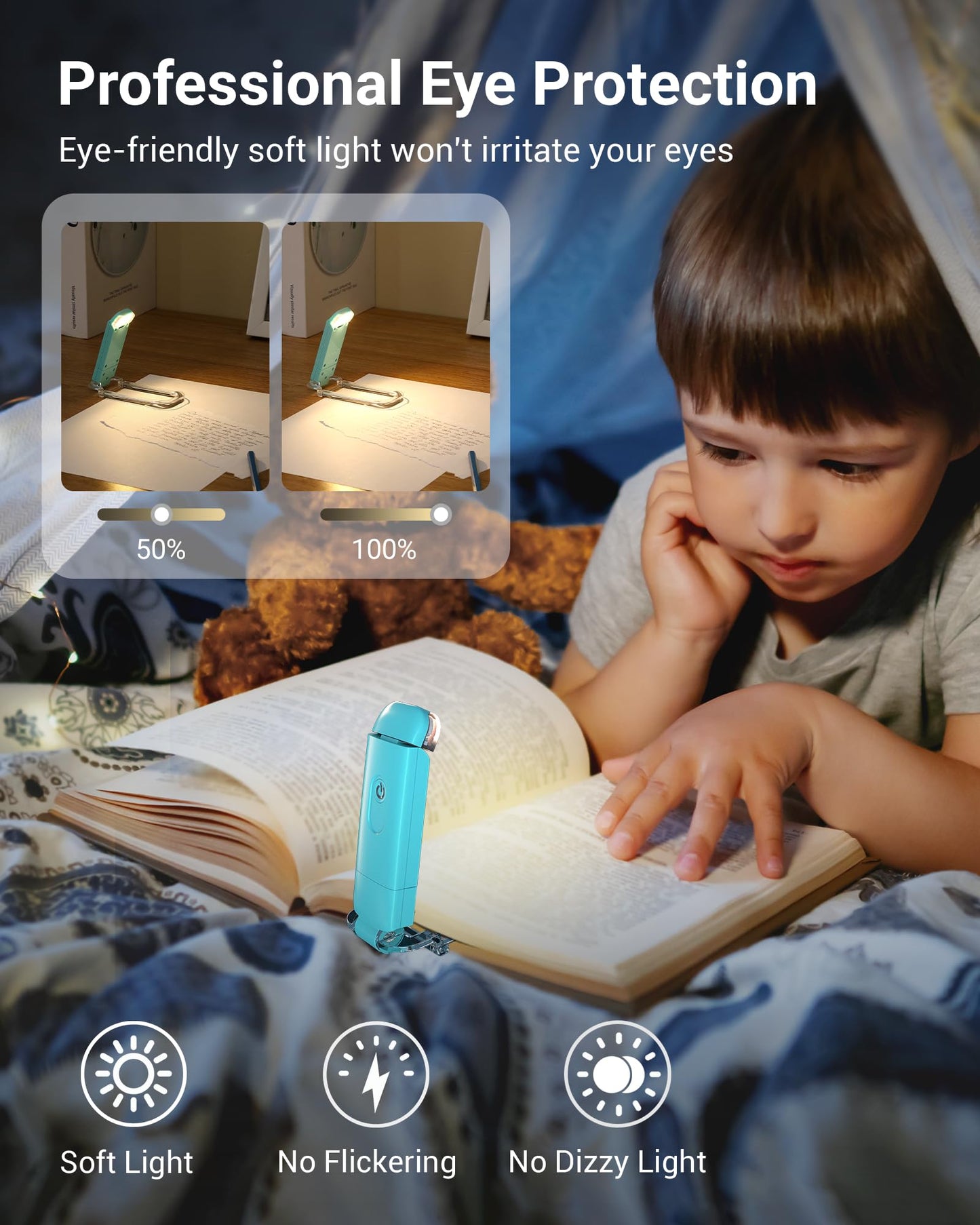 DEWENWILS USB Rechargeable Book Light, LED Clip Light, Brightness Adjustable, Warm White, Blue, Model CHBRL01B