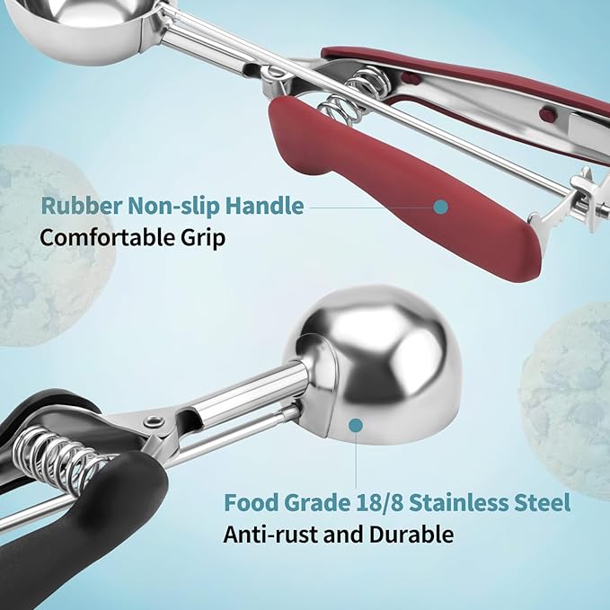 Cookie Scoops for Baking Set of 3, 18/8 Stainless Steel Ice Cream Scoop, 1 Tbsp/2 Tbsp/3 Tbsp Cookie Dough Scoop, Red/Black/Burgundy Non-slip Grip, for Cookie Cupcake Muffin Ice Cream