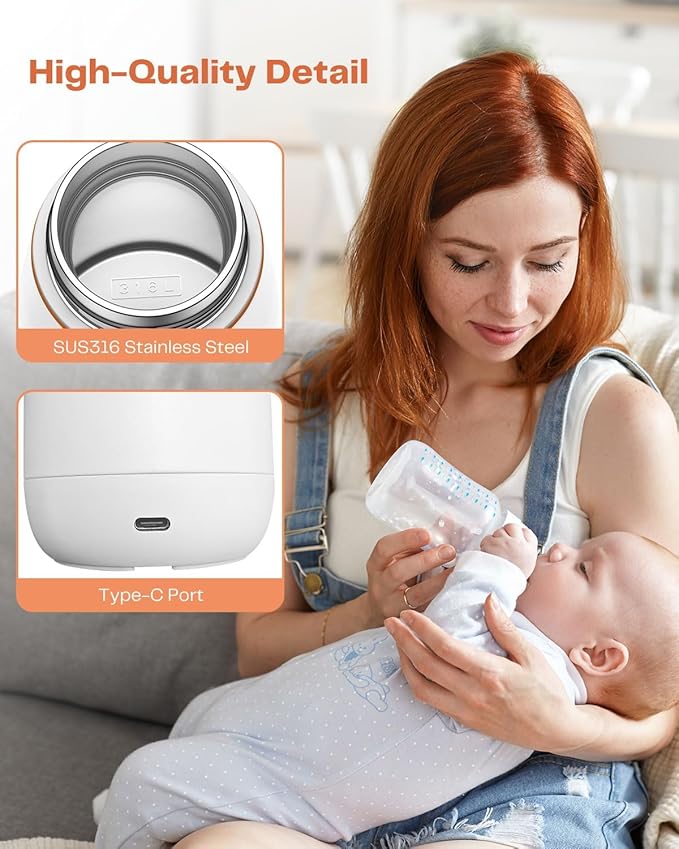 Portable Milk Warmer with LED Display, 11.83 fl oz, 98.6°F to 131°F Temperature Adjustment, for Formula and Breastmilk, for Travel and On-The-Go Use