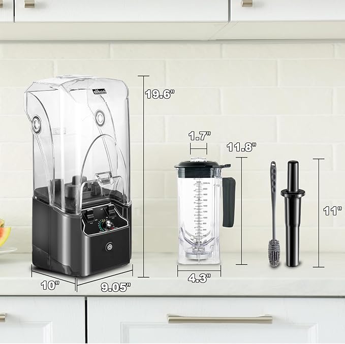 Commercial Blender for Smoothies 2200W With Soundproof Cover, 2200 ML, 15 Speeds, 6-leaves Stainless Steel Blade,Heavy Duty Blender for Restaurant, Smoothie,Ice Crush,Shakes, 9.5"D x 9"W x 19.7"H