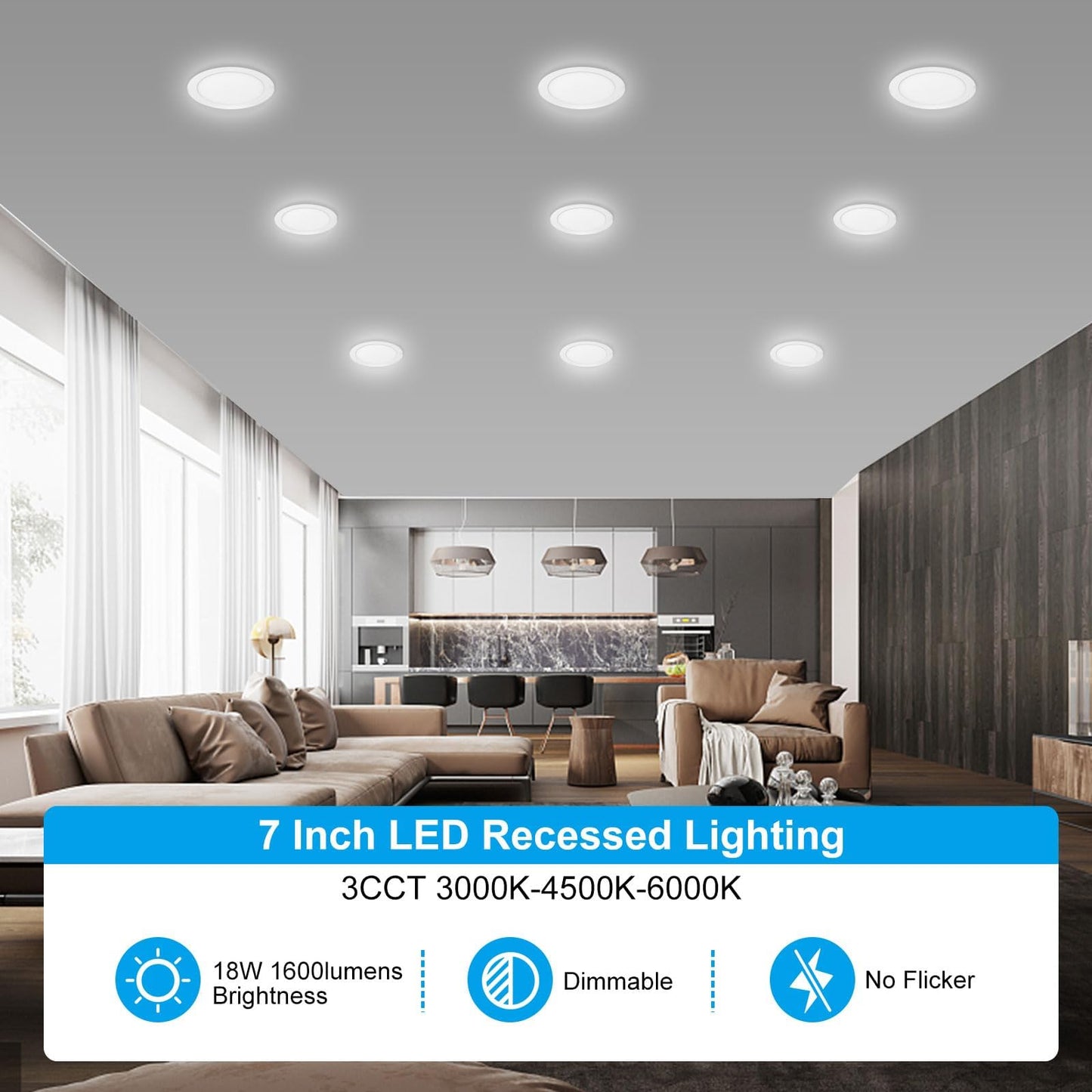 Elaruslux 12 Pack 7 Inch 3CCT Ultra-Thin LED Recessed Light with Junction Box, 3000K/4500K/6000K Selectable, 18W Eqv 125W, Dimmable Canless Downlight, 1600LM High Brightness