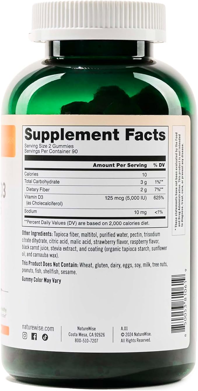 NatureWise Vitamin D3 5000 IU Gummies - Sugar-Free Mixed Berry Flavor - Vitamin D Gummies for Adults, Supports Immunity, Muscle & Bone Strength - Gelatin-Free, Non-GMO - 180 Gummies[3-Month Supply]