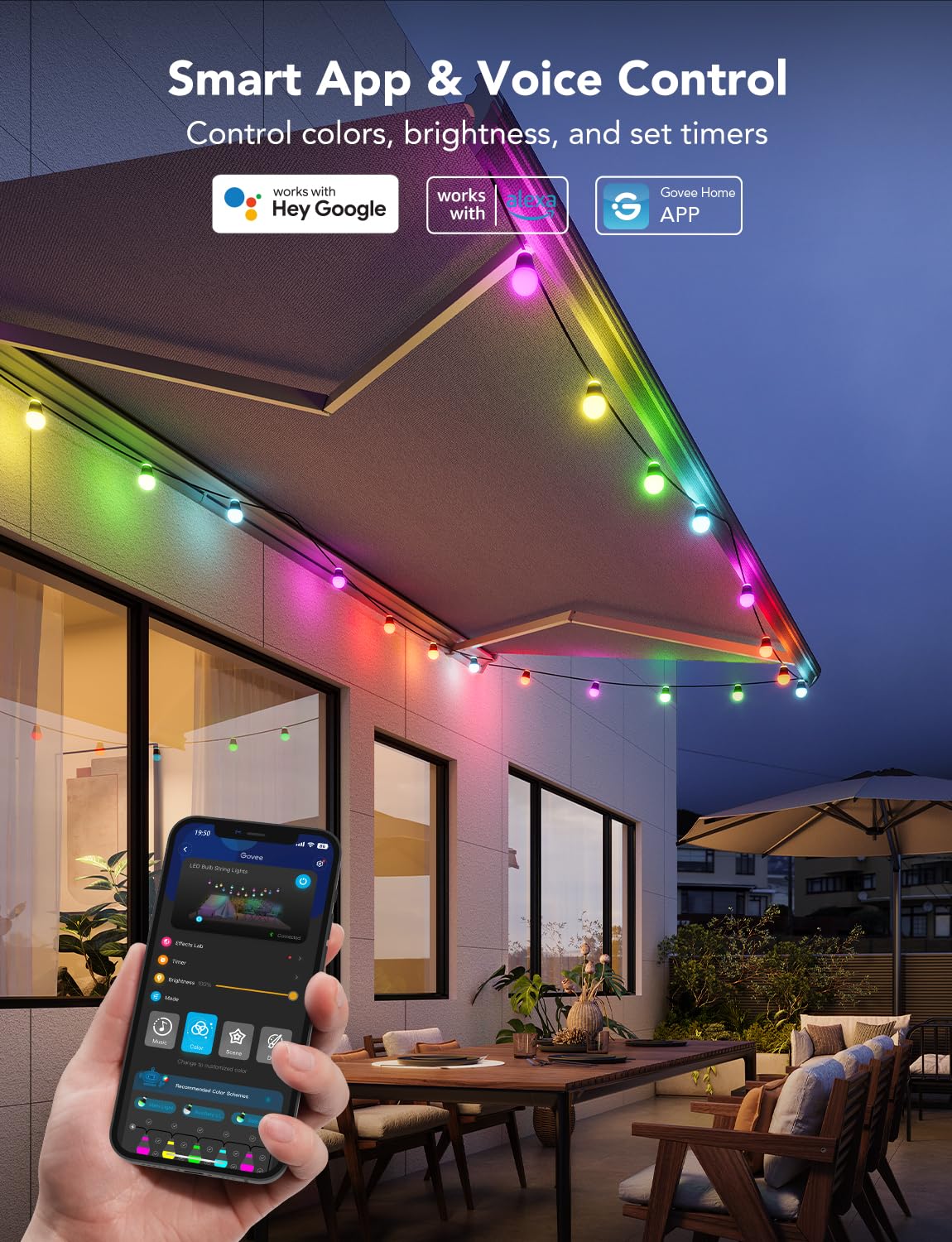 Govee Outdoor String Lights H1, 50ft RGBIC Outdoor Lights with 15 Dimmable Warm White LED Bulbs, Smart Outdoor Lights with 60 Scene Modes, IP65 Waterproof, Work with Alexa, Daily Lighting