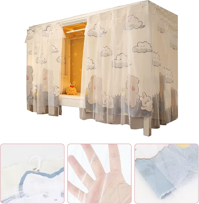 Beautiful Gauze Bunk Bed Curtains Drapes with Lace Privacy Bed Canopy for Bottom, 2 Panels, Bear Rabbit