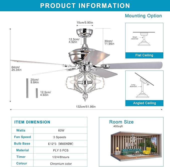 NicBex Ceiling Fan 52 Inch Crystal Ceiling Fan with Lights Ceiling Fans with 5 Blades and Remote Control Ceiling Fan with Lamp Shade for Bedroom, Living Room, Silver