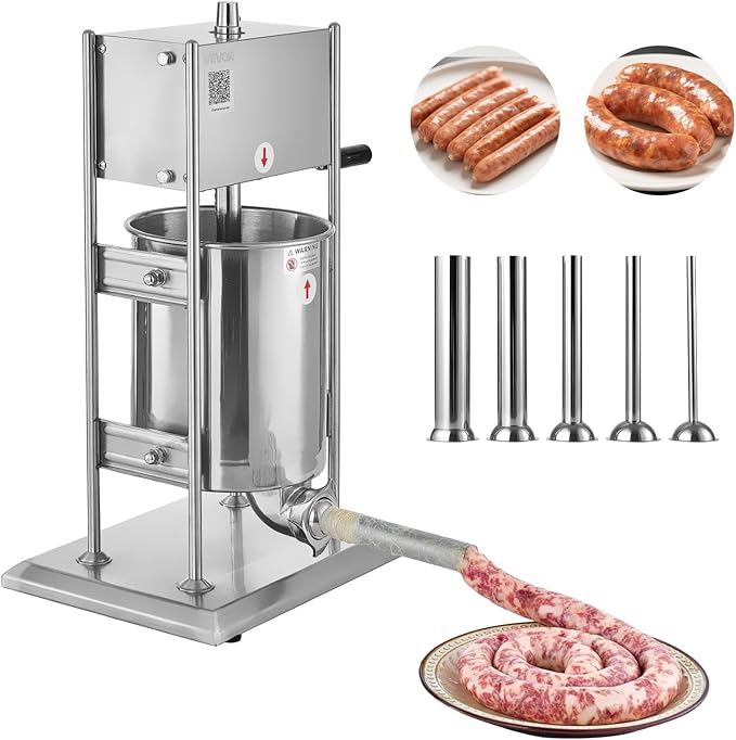 VEVOR Manual Sausage Stuffer, 22 LBS / 10 L Vertical Meat Stuffer, Dual-Speed Sausage Casing Meat Filling Machine, Stainless Steel Heavy Duty Filler with 5 Stuffing Tubes, for Commercial & Home Use