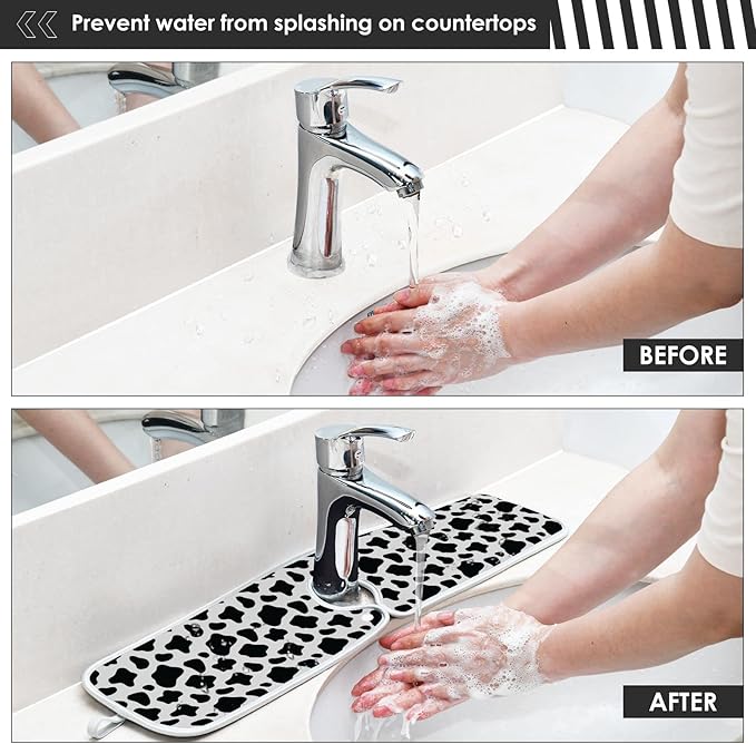 Kitchen Faucet Absorbent Mat,Cow Print Water Splash Guard for Sink, Faucet Drip Catcher Thicken Sponge Microfiber Faucet Water Catcher Mat Sink Absorbent Mat for Kitchen 23x5in 2 Pack